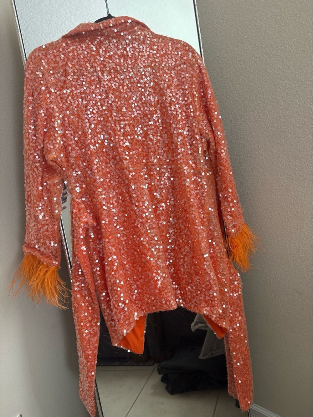 AMYLYN Orange Sequin Wrap Jacket with Feather Cuffs - Picture 6 of 6